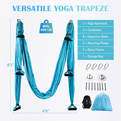 ZELUS Aerial Yoga Swing Sling Strong Yoga Hammock Kit Set Trapeze Inversion Equipment Include 2 Extensions Straps and Ceiling Mounting Kit - color: Blue