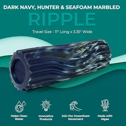 Oceanfoam Ripple Travel Foam Roller (11" x 3.35") Firm Mini Foam Roller for Physical Therapy, Deep Tissue Massage, Back Pain - High Density, Wave Textured - Yoga (Dark Navy, Hunter & Seafoam Marbled) - color: Dark Navy, Hunter & Seafoam Marbled