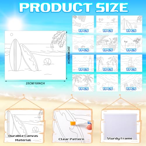 Motipuns 12 Set Beach Pre Drawn Canvas for Paint for Adults | 10 x 8 Inch, Sip and Paint Party Kit, Pre Printed Framed Canvas with Easels Paints Brushes Aprons, Party Adult Art Supplies - style: Beach