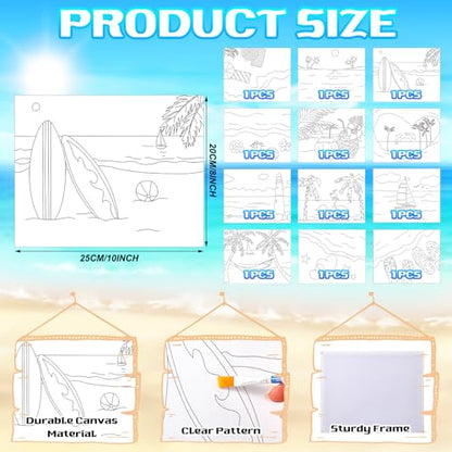 Motipuns 12 Set Beach Pre Drawn Canvas for Paint for Adults | 10 x 8 Inch, Sip and Paint Party Kit, Pre Printed Framed Canvas with Easels Paints Brushes Aprons, Party Adult Art Supplies - style: Beach