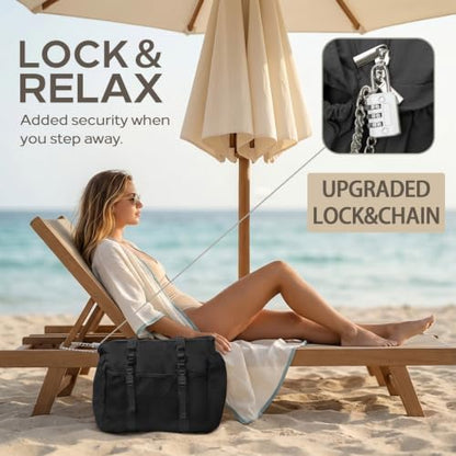 Omanmoli Beach Bag for Women Large Waterproof Sandproof Tote 40oz Holder | Anti-theft Lock & Chain,12 Pockets,2 Insulated Foil Pockets,Checkered,Cruise Travel Vacation Picnic Pool Work Gym,Checkered - color: Black