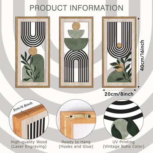 HPNIUB 3 PCS Boho Sage Green Wall Decor, Minimalist Mid Century Geometric Line Hanging Wood Sign for Living Room, 8x16Inch Modern Botanical Leaf Wooden Plaque for Apartment Bedroom Office Decoration - color: Geometric Line Wooden Wall Art