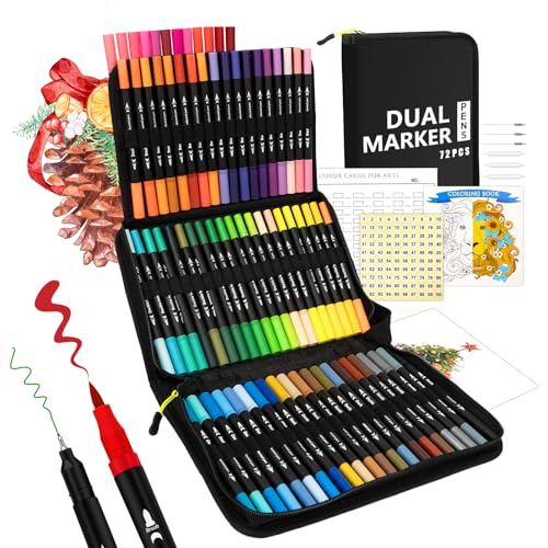 Markers for Adult Coloring Books No Bleeding, 72 Dual Tip Coloring Markers | Brush&Fine Tip Art Supplies for Calligraphy, Journaling, Sketching, Gifts for Teens with Case - color: Black