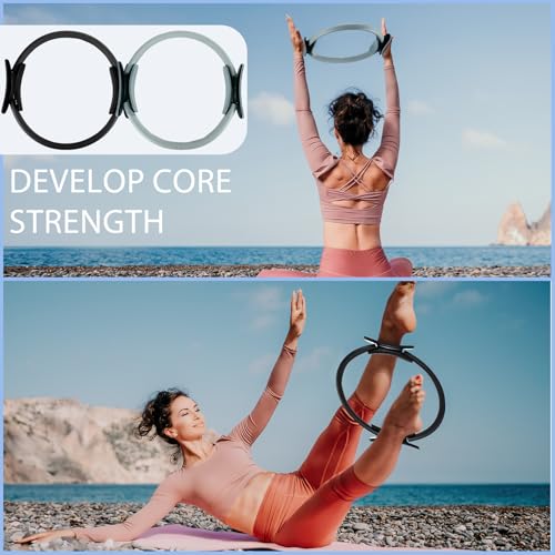 Poen Pilates Equipment Kit for Home Workout Pilates Ring and Ball Set for Women 12'' Circle Yoga Fitness Essentials Kit with Resistance Bands, Yoga Strap, Socks,Bag - color: Black,Gray