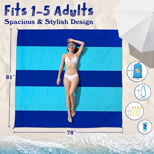 Aroveea Beach Blanket Waterproof Sandproof 78''X81''/10'X9' Oversized Mat - color: 2blue, size: 78''x81''