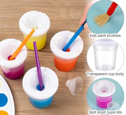 YGAOHF 12 Packs No Spill Paint Cups with Lids for Kids Toddlers, Large Paint Water Cup with 12 Pcs Paint Brushes, Arts and Crafts Supplies