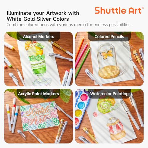 Shuttle Art White Gold Silver Gel Pens, 6 Pack 0.7mm, 1.0mm Metallic Gel Ink Pens Fine Point for Black Paper Highlighting Card Making Scrapbooking Coloring Writing Drawing School Office Home - color: 4 White, 1 Gold, 1 Silver