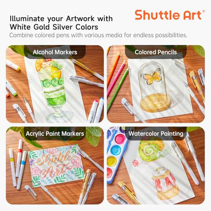 Shuttle Art White Gold Silver Gel Pens, 6 Pack 0.7mm, 1.0mm Metallic Gel Ink Pens Fine Point for Black Paper Highlighting Card Making Scrapbooking Coloring Writing Drawing School Office Home - color: 4 White, 1 Gold, 1 Silver