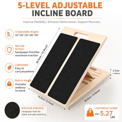 Slant Board for Calf Stretching, Wooden Slant Boards for Exercise, 5 Adjustable Angles, Calf Stretcher Board with Non-Slip Surface and Carry Handle for Squats and Ankle Mobility