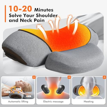 3-in-1 Neck Massager Pillow, Traction Massager with Massage Hot Compress Traction Stretching, Pillow Massage Neck Hump with 118-inch Extra-Long Cord, Light Gray - color: Light Gray