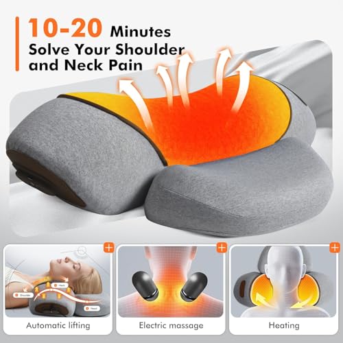 3-in-1 Neck Massager Pillow, Traction Massager with Massage Hot Compress Traction Stretching, Pillow Massage Neck Hump with 118-inch Extra-Long Cord, Light Gray - color: Light Gray