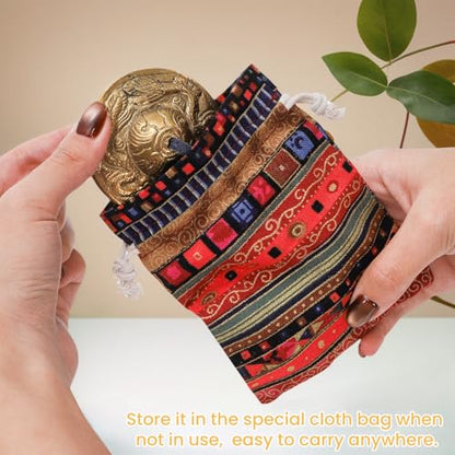 Meditation Chime Bells, 6.3 cm with Embossed Dragon Pattern | Tibetan Tingsha Cymbals with Drawstring Cloth Bag, Meditation Brass Bells for Percussion Instrument, Sound Healing, Yoga