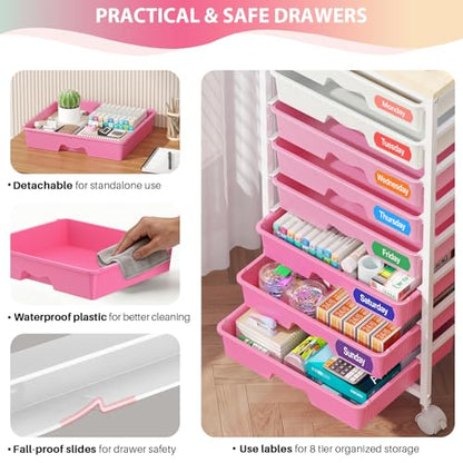 Goovilla Rolling Cart with 8 Drawers for Art, Dorm, Office, Craft, Pink | Utility Cart Organizer With 8 Removable Drawers and Wooden Tabletop, Lockable Rolling Storage Organizer for Classroom, Home - size: Pink