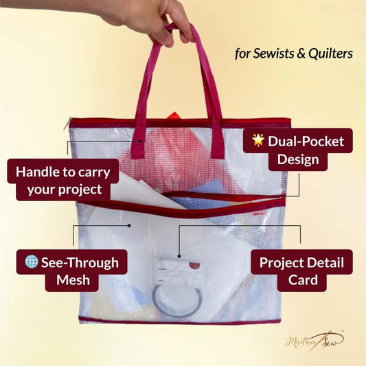 Madam Sew Project Bag - Craft Bag Organizer Tote with Handles, Two Pockets, See-Through Mesh, and Card Slot – Perfect for Quilting, Knitting, Stitching and Embroidery Projects Storage - 16”x16” - color: Light Pink