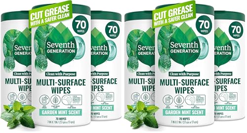 Seventh Generation 다중 표면 물티슈, 가든 민트, 식물 기반 클리닝 물티슈, 거친 연기나 잔여물 없음, 어린이 주변에 안전, 70개 (6팩) - size: 70 Count (Pack of 6)