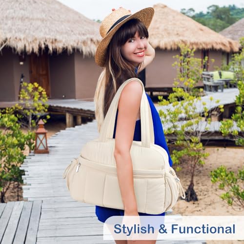 TOPDesign Travel Duffel Bag for Women, Puffer Gym Bag Sports Tote with Wet Pocket, Carry On Weekender with Luggage Sleeve (Beige) - color: Beige