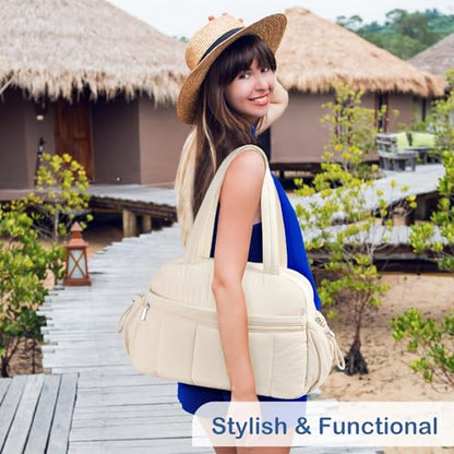 TOPDesign Travel Duffel Bag for Women, Puffer Gym Bag Sports Tote with Wet Pocket, Carry On Weekender with Luggage Sleeve (Beige) - color: Beige