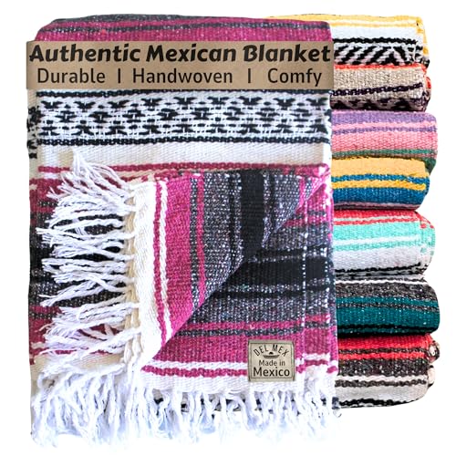 Del Mex Classic Mexican Blanket, Large Authentic Woven Falsa Throw (70"x50"), Artisan Southwest Décor for Beach, Yoga, Outdoors (Hot Pink/Fuchsia) - color: Fuchsia