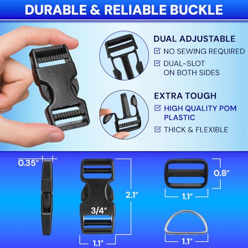TECEUM 3/4" Nylon Strap Kit with Buckles, Turqouise 6 yards Repair Set | Heavy duty hardware kit: 6yd webbing, 6 quick release buckles, 12 tri-glide slide clips, 6 metal D-rings for crafting. - color: Turqouise, size: 3/4" - 6 yards, style: 6 Buckle - 12