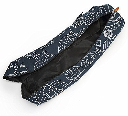 Yoga Mat Bag for Women & Men, Full-Zip Canvas Pilates Bag with Pockets - color: Navy Blue Leaf