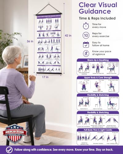 Baemin Chair Yoga Wall Charts Set, 17 x 36 in, 2 Pack | For Seniors & Beginners, Time & Reps on Every Pose, Chair Yoga Routine with 30-Day Tracker, Tai Chi Chair Workout