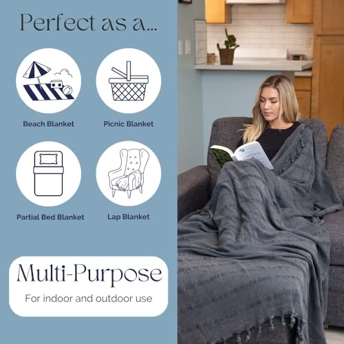 InfuseZen Large Stonewashed Organic Cotton Turkish Throw Blanket - Charcoal - color: Extra Large Charcoal (92" X 69")