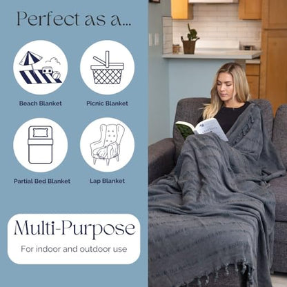 InfuseZen Large Stonewashed Organic Cotton Turkish Throw Blanket - Charcoal - color: Extra Large Charcoal (92" X 69")