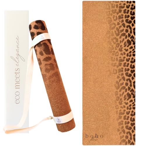 Designer Cork Yoga Mat – Signature Aesthetics on Quality Portuguese Cork with 5mm Solid Tree Rubber Base for Lasting Stability – Non Slip Grip, Odor Free and Non Toxic - color: Leopard Fade