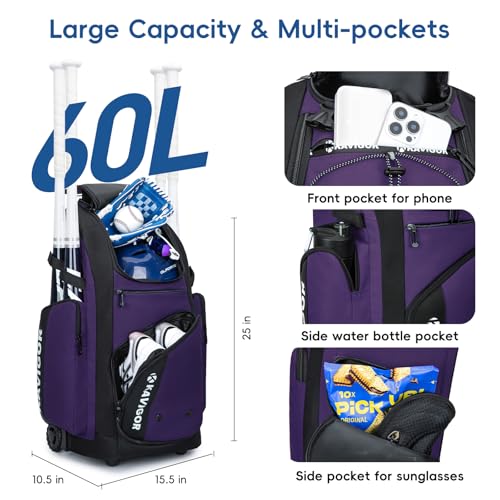 KAVIGOR Rolling Baseball Bag with Wheels, 60L Capacity Softball Bag Holds 4 Bats for Boys and Girls, Youth Equipment Bag with Shoe Compartment - color: Purple