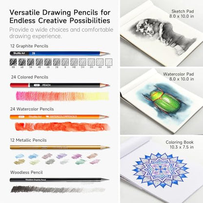 Shuttle Art 103 PCS Drawing Kit, Professional Drawing Supplies with Sketch, Charcoal, Colored, Graphite, Pastel Pencils & Sticks, Complete Drawing Tools and Paper Pads in Zipper Case for Artists&Kids