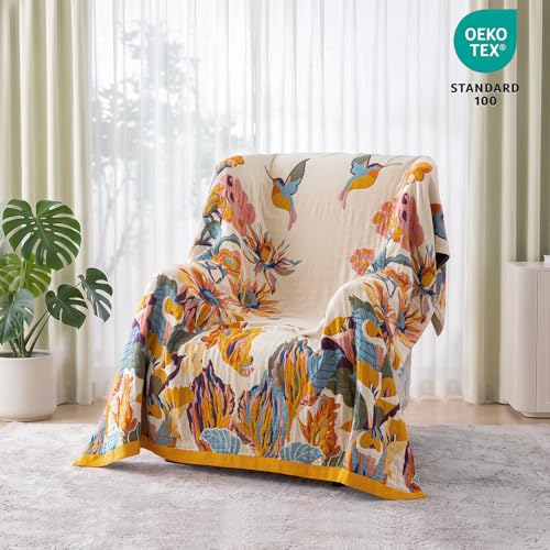 MSGKV Boho Throw Blanket 50"x60" Cotton Throw for Couch Sofa, Floral Quilt | Cotton Throw, Floral Butterfly, Summer Blanket, Breathable Lightweight, Living Room Decor, Soft Comfort, Machine Washable - color: D-flower and Butterfly, size: 50"x60"