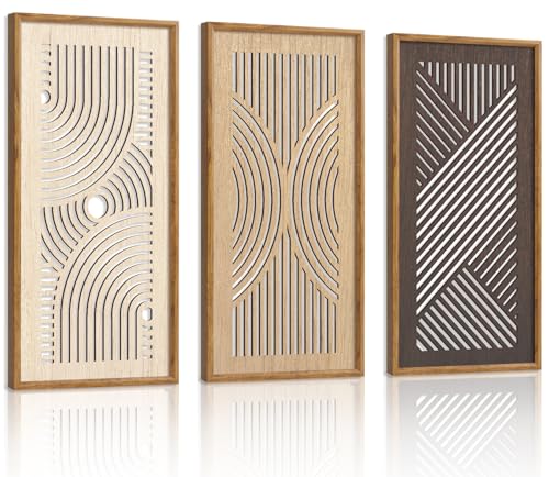 HPNIUB 3 PCS Boho Wall Decor, Minimalist Mid Century Abstract Geometric Line Carved Hanging Wood Sign for Living Room, 8x16Inch Modern Wooden Plaque Wall Art for Bedroom Office Apartment Decoration - color: Abstract Geometric Wooden Wall Art