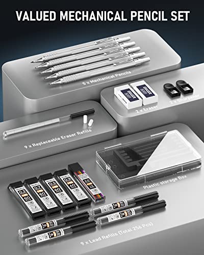 Nicpro Metal Mechanical Pencil Set 5 PCS Art Drafting Pencils For Sketching | 0.3, 0.5, 0.7, 0.9 mm & 2mm Graphite Lead Holder For Drawing With 9 Tubes (4B 2B HB 2H Colors) Lead Refills Erasers Case - color: Silver, style: 0.3 0.5 0.7 2.0