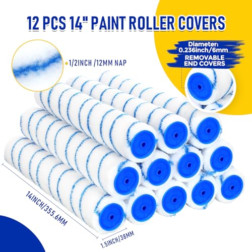 Leumoi 12 Pcs 14 Inch 1/2'' Nap Paint Roller Covers Bulk Microfiber Refill Roller Cover with End Caps Painter Lint Free Paint Kit Home Repair Tools for Most Types of Surfaces - size: 14 Inch 1/2'' Nap