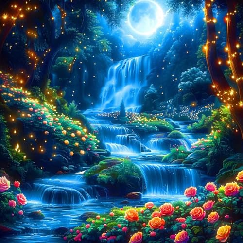 Camocin Diamond Art Kits for Adults, Waterfall Diamond Painting | Gem Art, Diamond Dot, 5D Full Round Drill, Moon Waterfall Wall Decor, DIY Craft Gift, 14 x 14 Inch - color: LBDP1P26