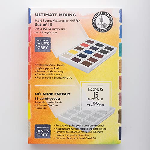 DANIEL SMITH Hand Poured Watercolor, Half Pans, Ultimate Mixing Set with 15 Watercolor Half Pans, 15 Empty Half Pans, 2 Plastic Travel Cases (total 32 pieces) 285650009 - style: Ultimate Mix 15 Colors Set with Plastic Case and 15 Empty Containers