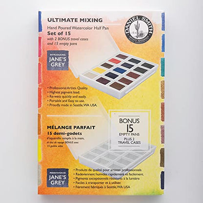 DANIEL SMITH Hand Poured Watercolor, Half Pans, Ultimate Mixing Set with 15 Watercolor Half Pans, 15 Empty Half Pans, 2 Plastic Travel Cases (total 32 pieces) 285650009 - style: Ultimate Mix 15 Colors Set with Plastic Case and 15 Empty Containers