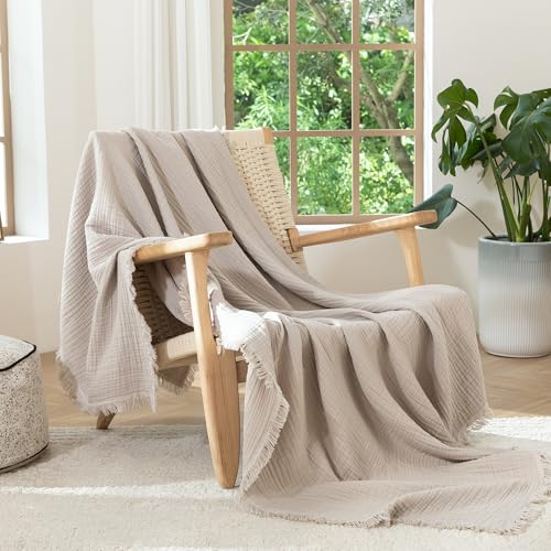 MooMee 100% Cotton Muslin Blanket Fringed 4-Layer Gauze Bed Throw, Queen - color: Cream Grey, size: Queen
