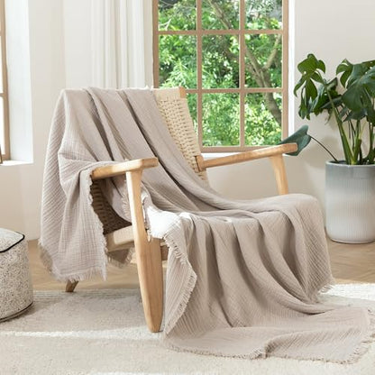 MooMee 100% Cotton Muslin Blanket, Fringed 4-Layer Gauze Bed Couch Throw - color: Cream Grey, size: Twin XL
