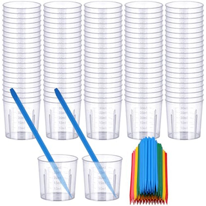 Resin Measuring Cups and Sticks, 200PCS Disposable Mixing Cups Set - 100PCS 30ml Graduated Measuring Cups and 100PCS Pointed Stir Sticks for Epoxy Resin, Glue, Paint Pouring - color: Clear cups+point stick, size: 30ml