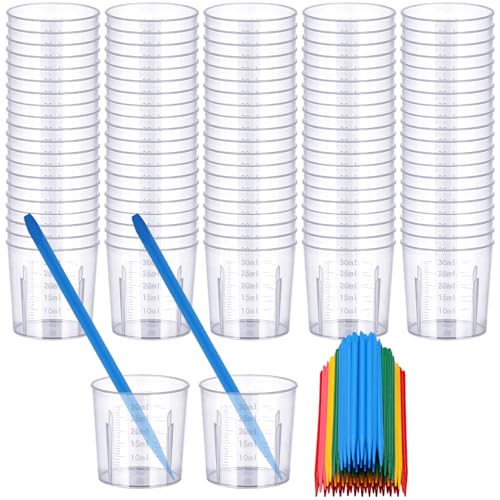 Resin Measuring Cups and Sticks, 200PCS Disposable Mixing Cups Set - 100PCS 30ml Graduated Measuring Cups and 100PCS Pointed Stir Sticks for Epoxy Resin, Glue, Paint Pouring - color: Clear cups+point stick, size: 30ml