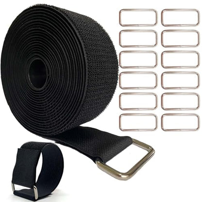 Wide 2" ×16 Ft Long Hook and Loop Cable Straps with 12 Heavy Metal Buckles, Adjustable Nylon Tie Down Straps,Free Cut Length and Width, Reusable, Black