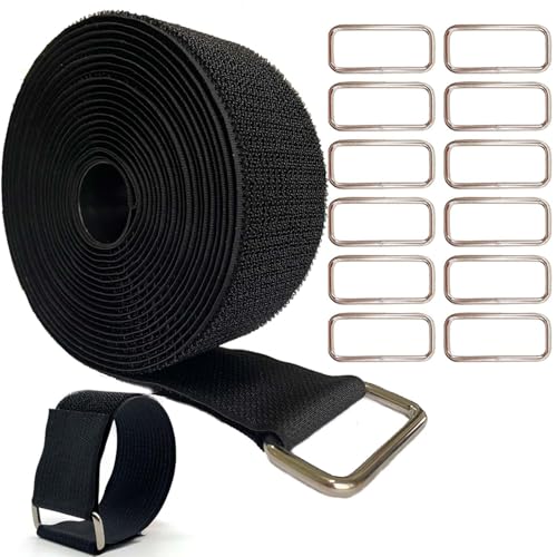 Wide 2" ×16 Ft Long Hook and Loop Cable Straps with 12 Heavy Metal Buckles, Adjustable Nylon Tie Down Straps,Free Cut Length and Width, Reusable, Black