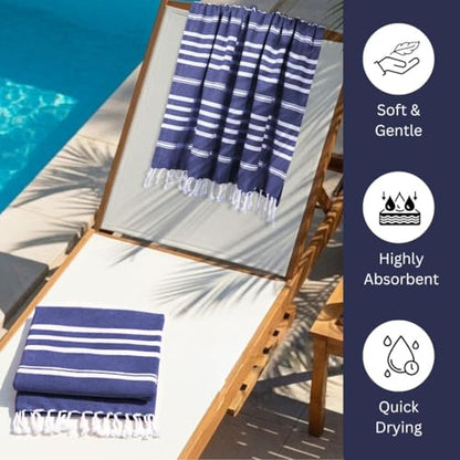 WeWove Turkish Peshtemal Beach Towels Large 39x70 Inch Set of 2-100% Cotton Soft Quick-Drying Absorbent Washable - Versatile for Beach Pool Spa Picnic Travel or Bath Use - Turkish Towels Blue - color: Blue