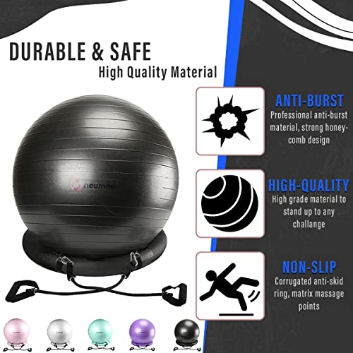 Yoga Ball Chair with 65cm Exercise Ball & 2 Resistance Bands, Stability Base for Home Office, Yoga, Pilates & Fitness, Balance Ball for Posture, Core Strength & Low Impact Workouts - color: Black