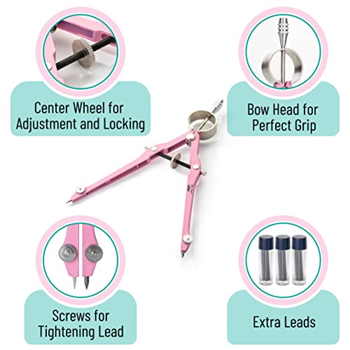 Mr. Pen- Professional Compass for Geometry, Extra Lead | Metal Compass Drawing Tool for Students, Drafting and Engineering, Technical Drawings, Circles and Geometry Projects - color: Pink