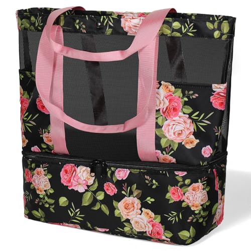 Mesh Tote Beach Bag with Leakproof Wet Compartment - color: Rose