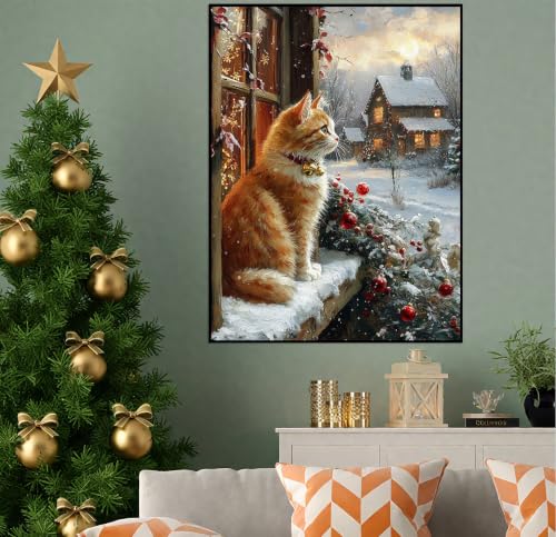 Christmas Diamond Art Kits for Adults, Diamond Art Painting Kits for Adults | Xmas Christmas Cat Stress Relief Full Round Drills Heartfelt DIY Gift Strong Adhesive Wall Decor HD Canvas 11.8x15.7 in - color: Cat Watching Snow