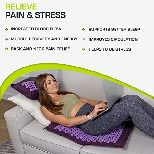 ProsourceFit Ki Acupressure Mat and Pillow Set with 100% Natural Linen for Back/Neck Pain Relief and Muscle Relaxation - color: Royal Lilac