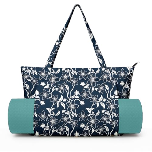 Yoga Bag for Women, Large Canvas Yoga Mat Tote Bag with Yoga Mat Carrier | Large Mat Pocket Fitness Tote for Pilates, Gym, Travel, Office & Beach - color: Blue Flowers
